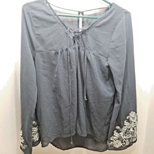 Women Blouse Navy Blue Size L Jolt Embroidered Flare Sleeve V Neck Top